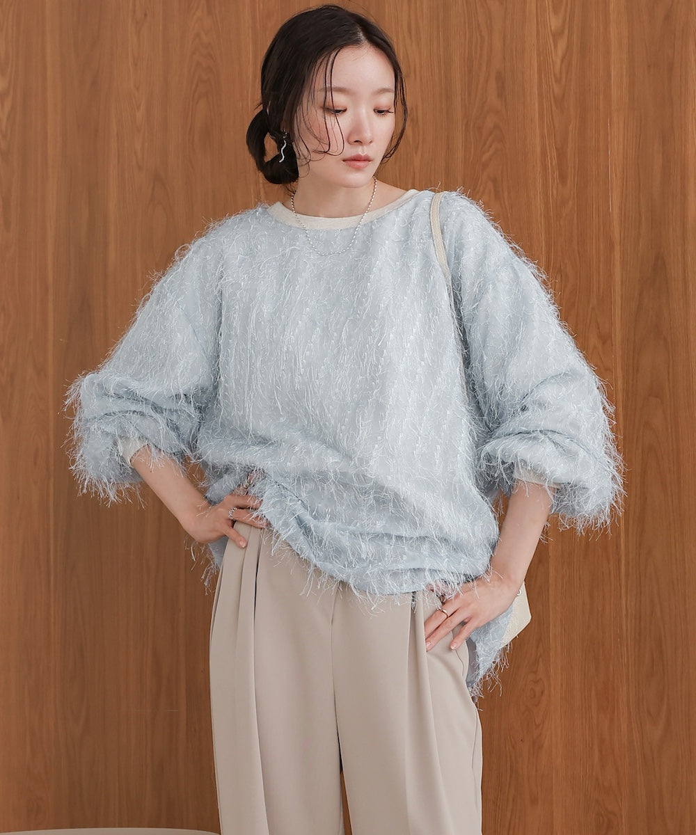 ［TIMESALE］sheer shaggy layered sweat top