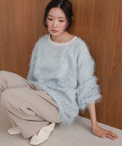 ［TIMESALE］sheer shaggy layered sweat top