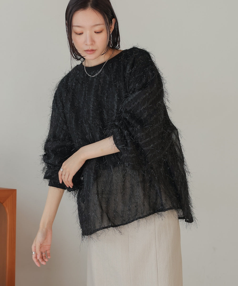 ［TIMESALE］sheer shaggy layered sweat top