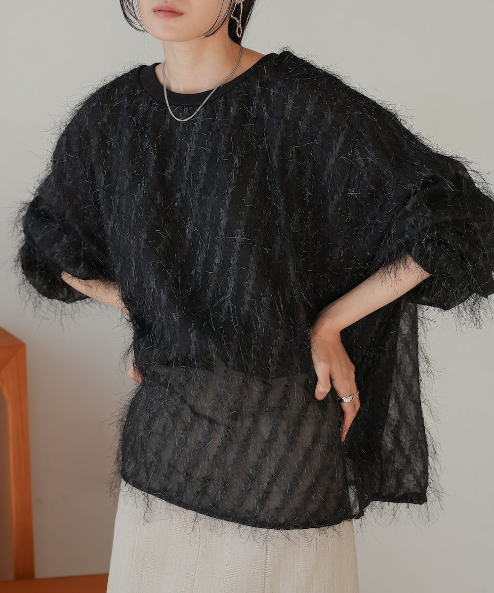 ［TIMESALE］sheer shaggy layered sweat top