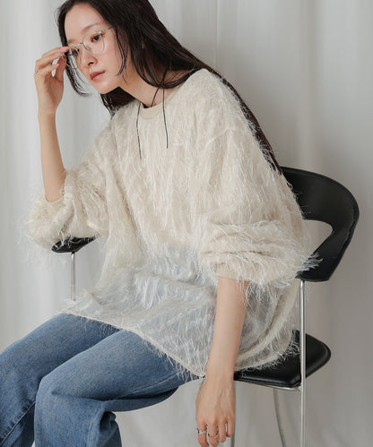 ［TIMESALE］sheer shaggy layered sweat top