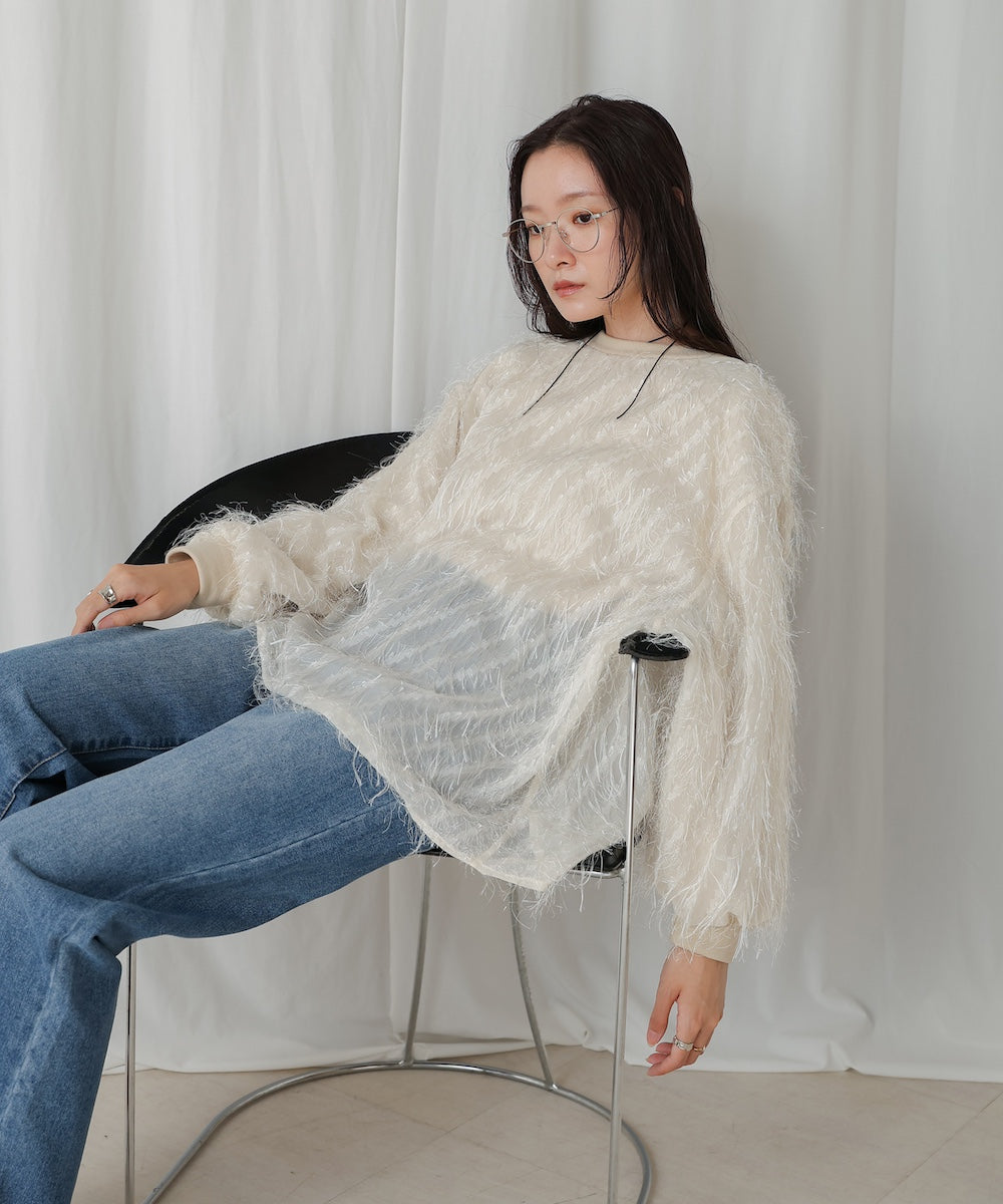 ［TIMESALE］sheer shaggy layered sweat top