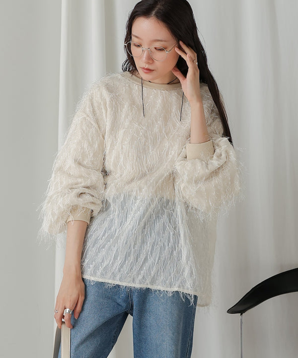 sheer shaggy layered sweat top