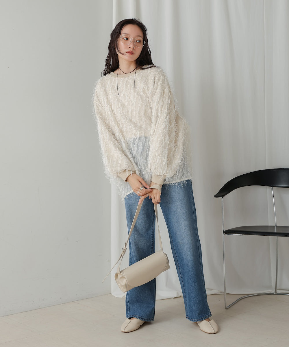 sheer shaggy layered sweat top