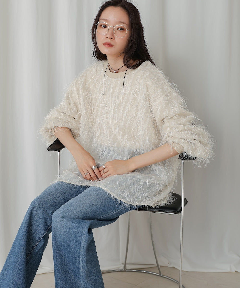 ［TIMESALE］sheer shaggy layered sweat top