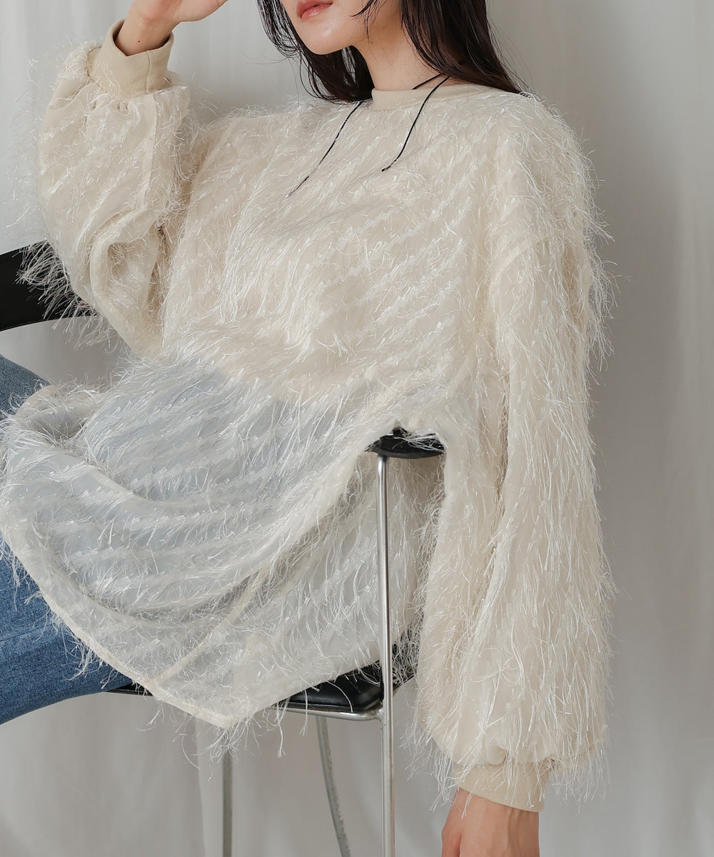 sheer shaggy layered sweat top