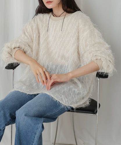 ［TIMESALE］sheer shaggy layered sweat top