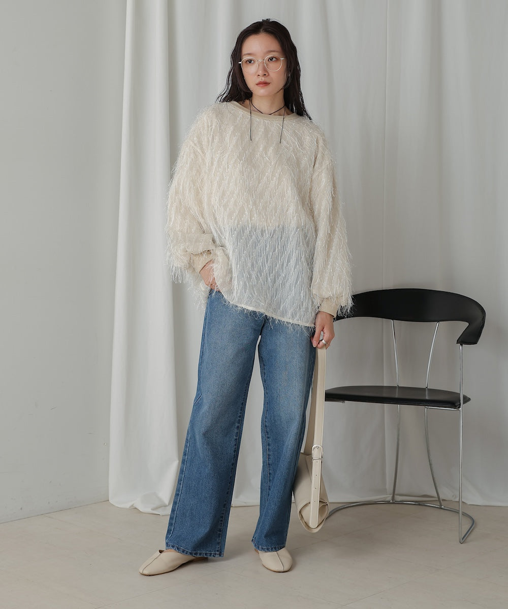 ［TIMESALE］sheer shaggy layered sweat top