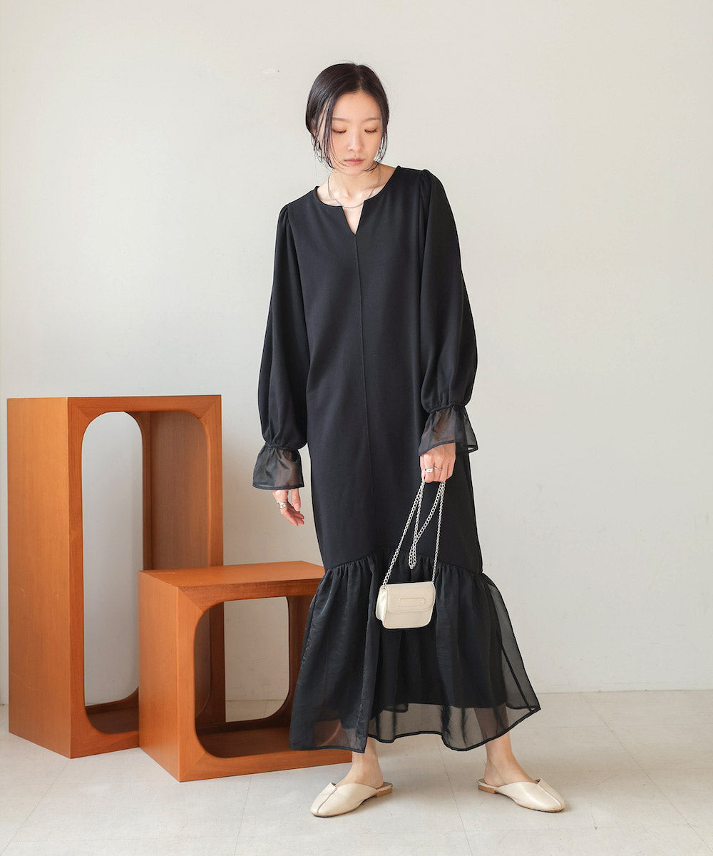 オーガンジー切替スウェットワンピース