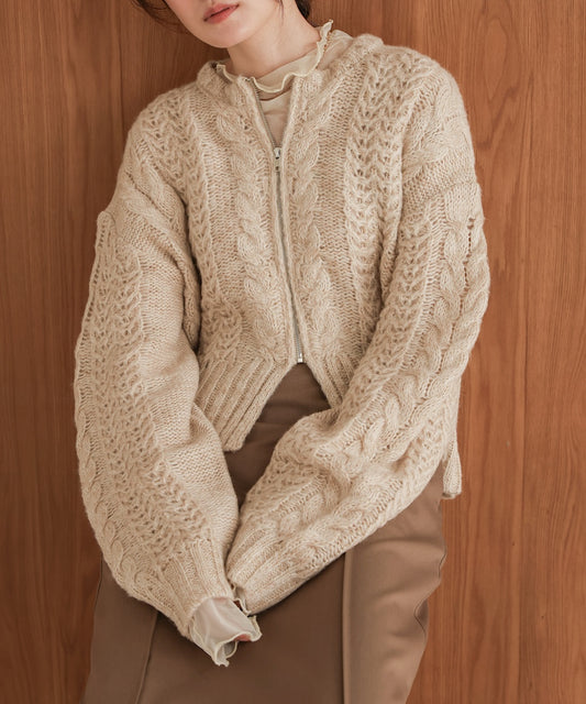 mohair touch cable zip knit