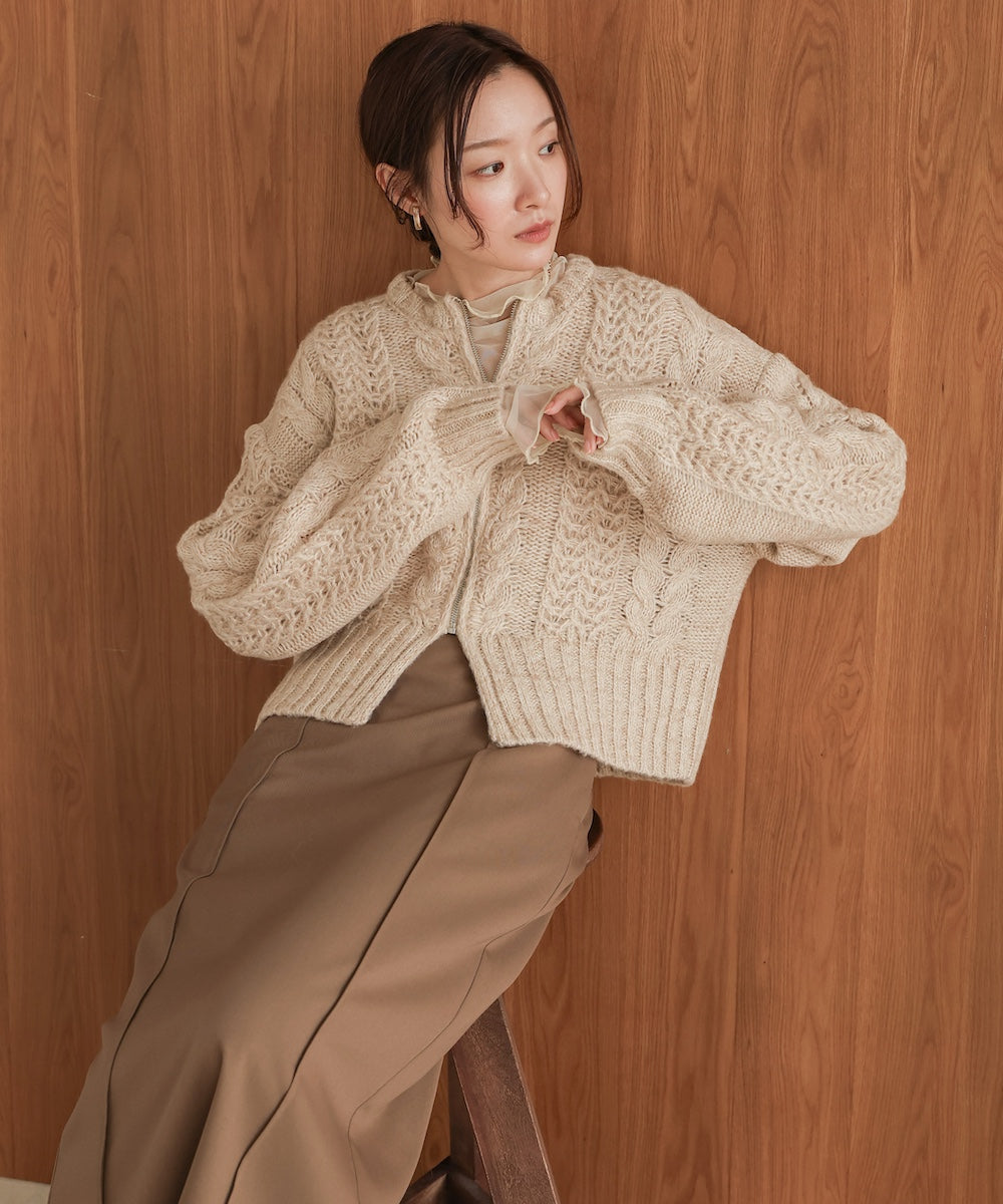 mohair touch cable zip knit