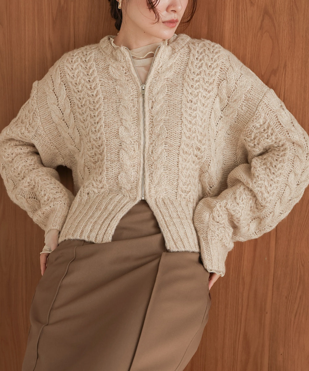 mohair touch cable zip knit