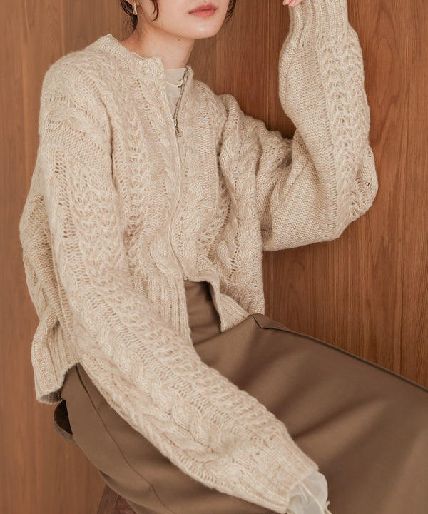 mohair touch cable zip knit