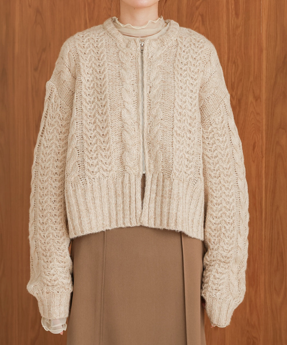mohair touch cable zip knit