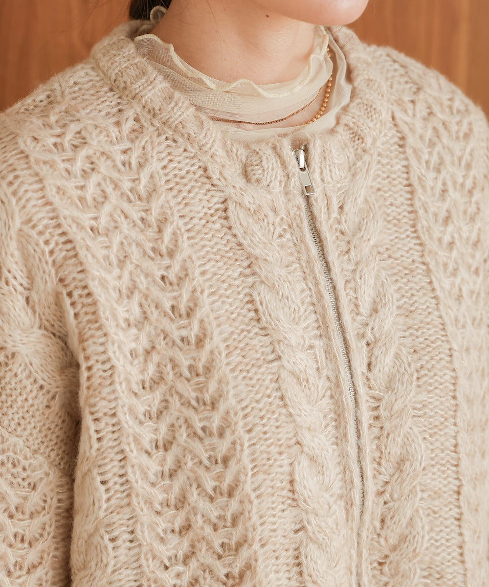 mohair touch cable zip knit
