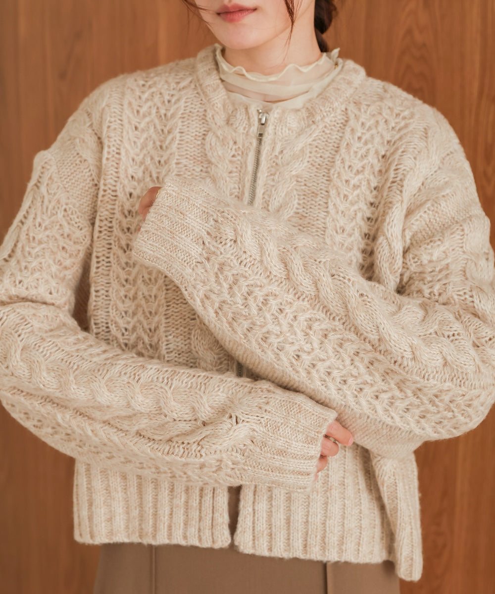 mohair touch cable zip knit