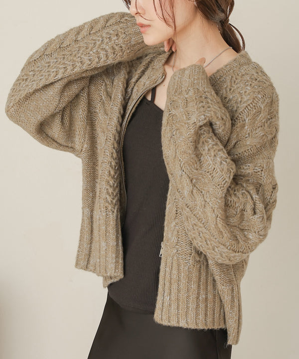 mohair touch cable zip knit