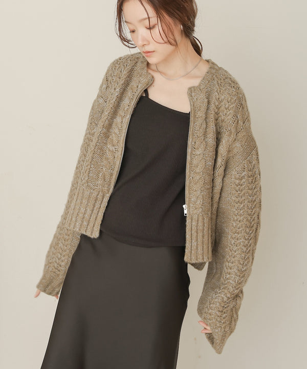 mohair touch cable zip knit