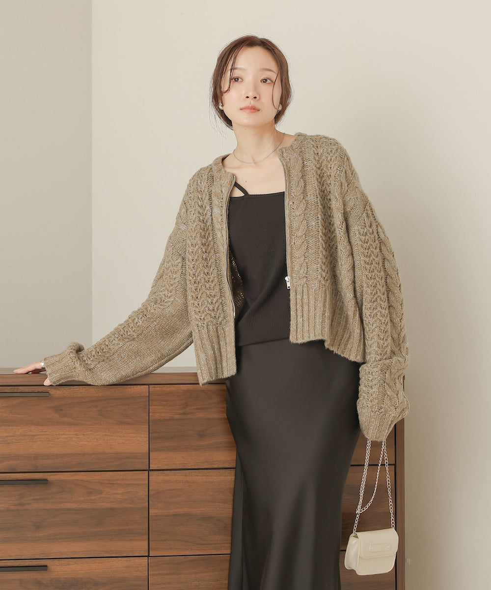 mohair touch cable zip knit