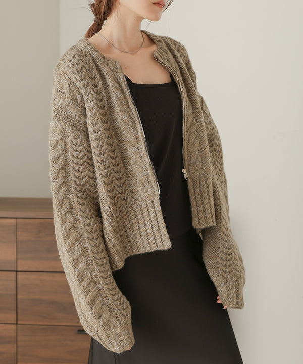 mohair touch cable zip knit