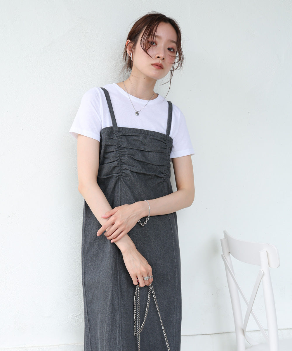 【S・Mサイズ展開】デニムギャザーキャミワンピース
