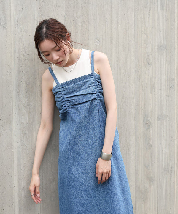 【S・Mサイズ展開】デニムギャザーキャミワンピース