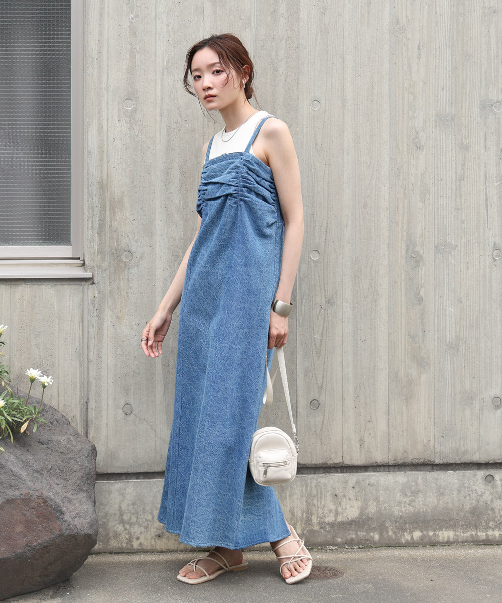 【S・Mサイズ展開】デニムギャザーキャミワンピース