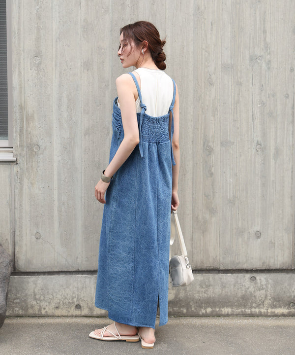 【S・Mサイズ展開】デニムギャザーキャミワンピース