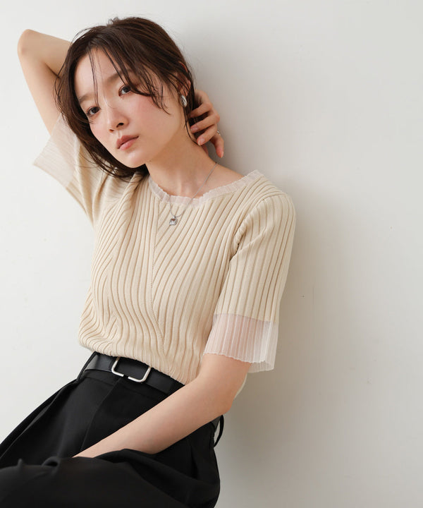 シアー使い５分袖リブニットトップス