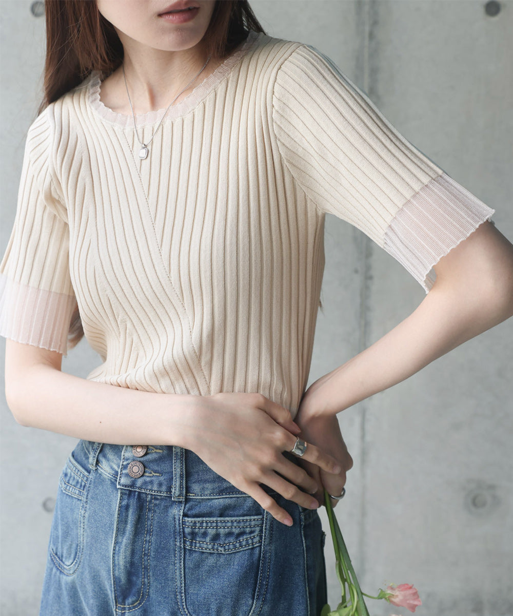 シアー使い５分袖リブニットトップス