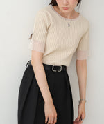 シアー使い５分袖リブニットトップス