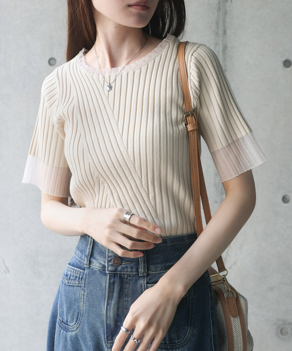 シアー使い５分袖リブニットトップス