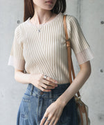 シアー使い５分袖リブニットトップス
