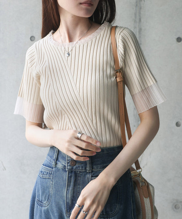シアー使い５分袖リブニットトップス
