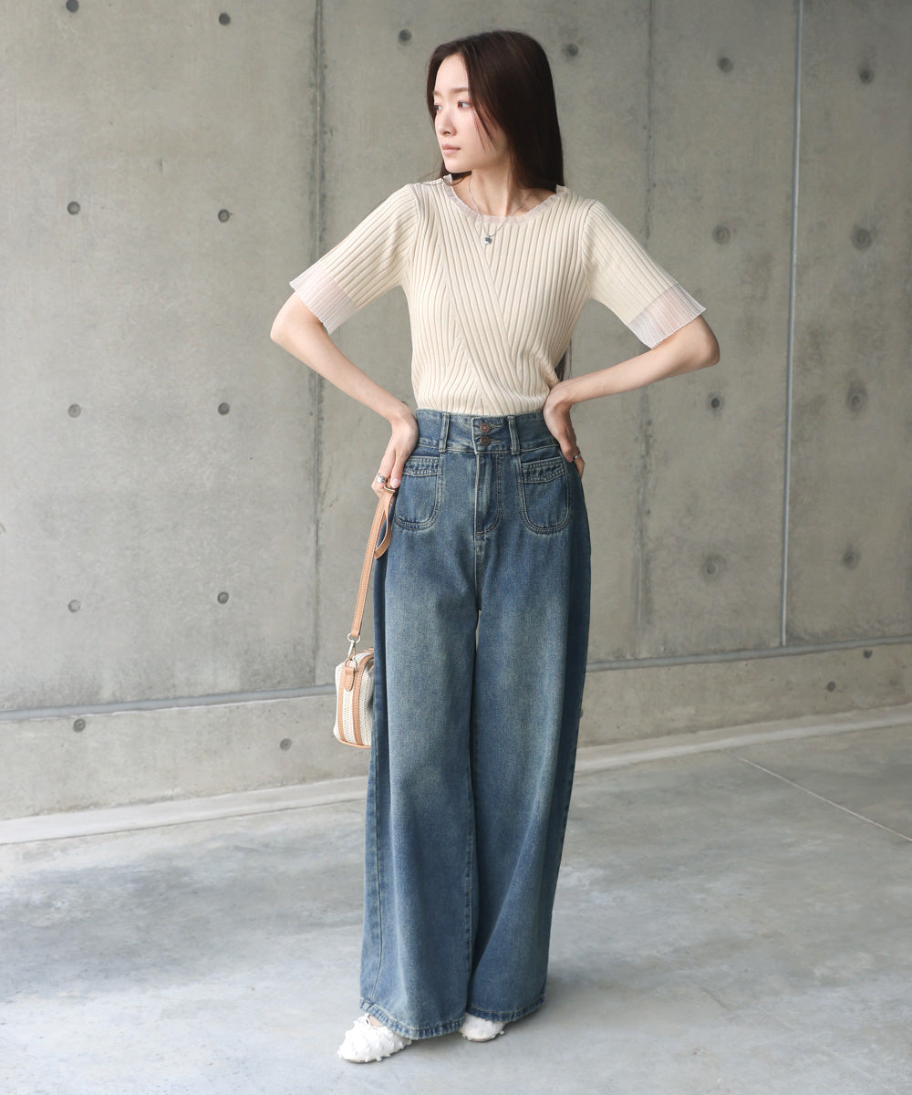 シアー使い５分袖リブニットトップス