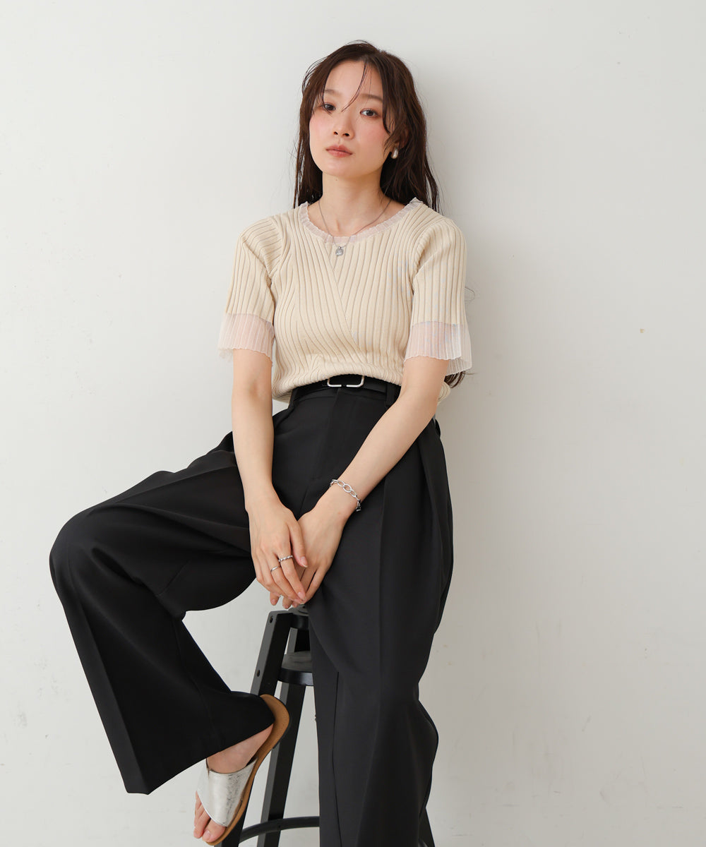 シアー使い５分袖リブニットトップス