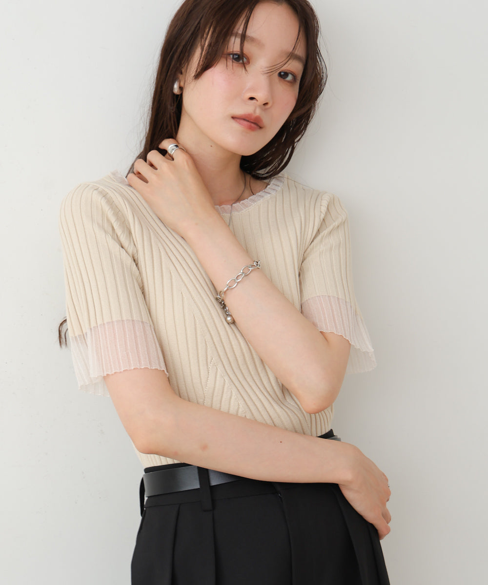 シアー使い５分袖リブニットトップス
