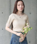 シアー使い５分袖リブニットトップス