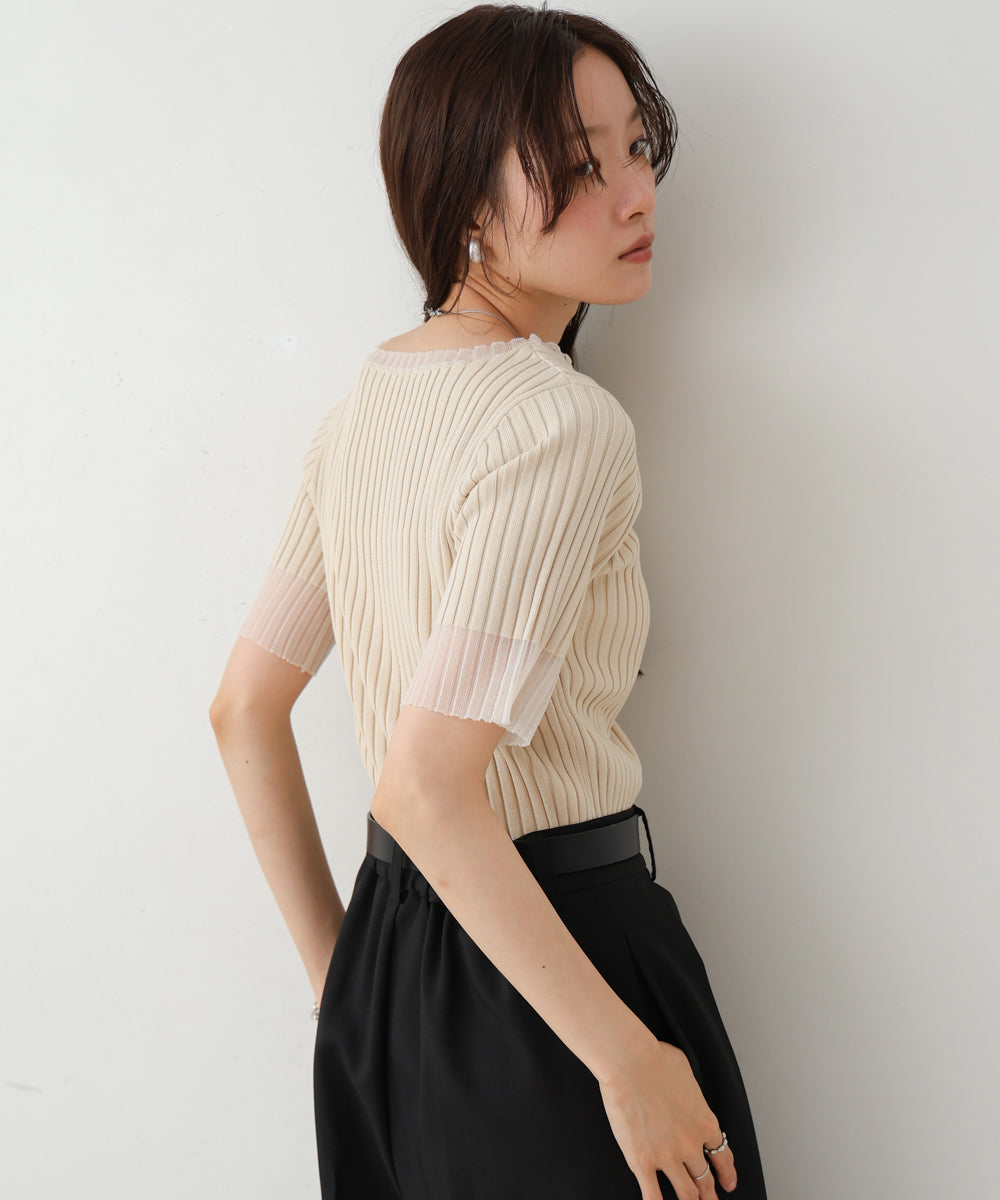 シアー使い５分袖リブニットトップス