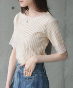 シアー使い５分袖リブニットトップス