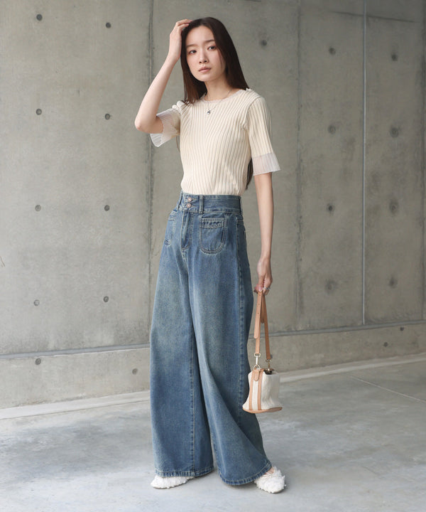 シアー使い５分袖リブニットトップス