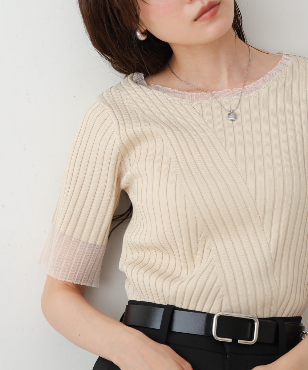 シアー使い５分袖リブニットトップス