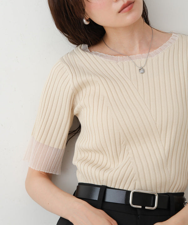 シアー使い５分袖リブニットトップス