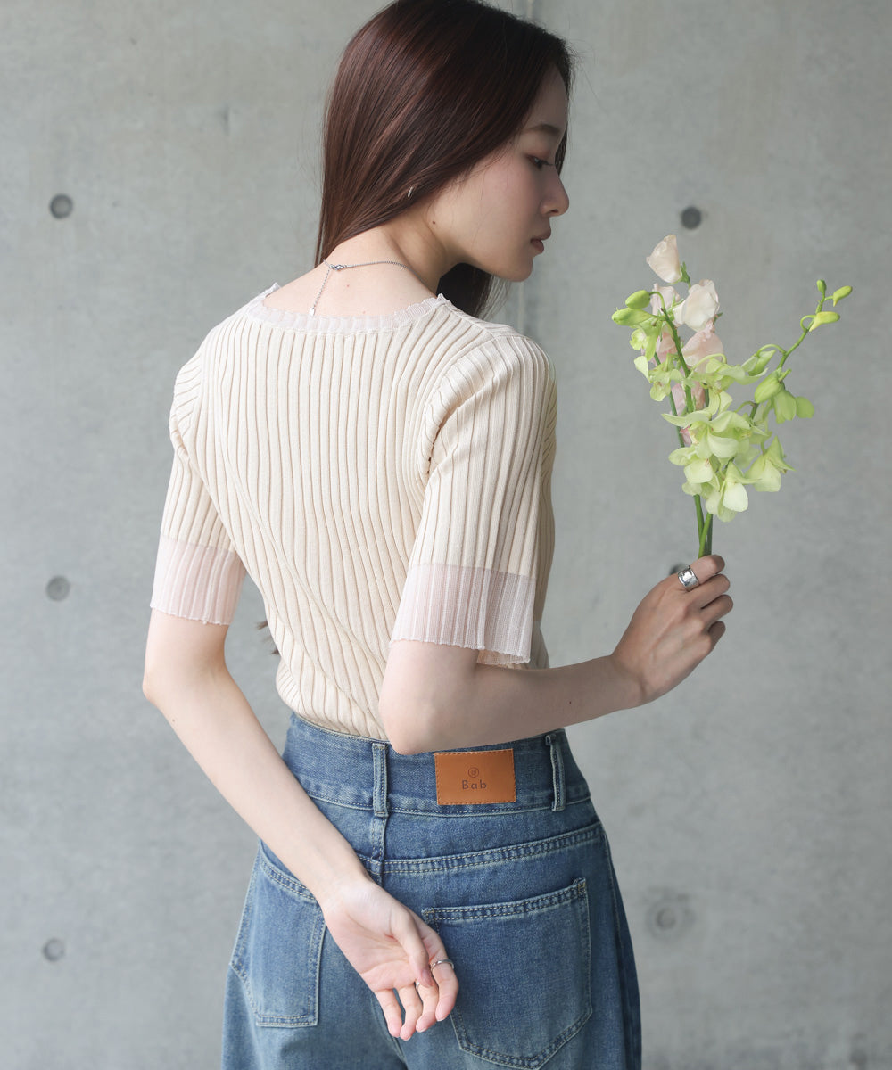 シアー使い５分袖リブニットトップス