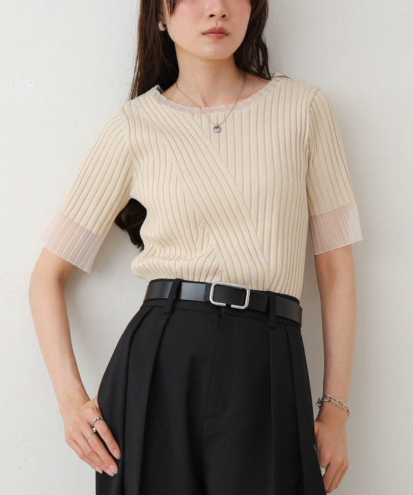 シアー使い５分袖リブニットトップス