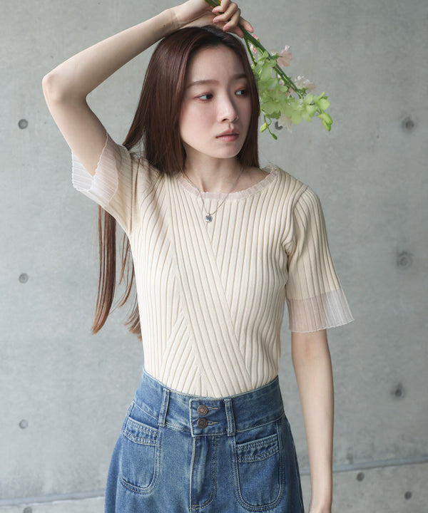 シアー使い５分袖リブニットトップス