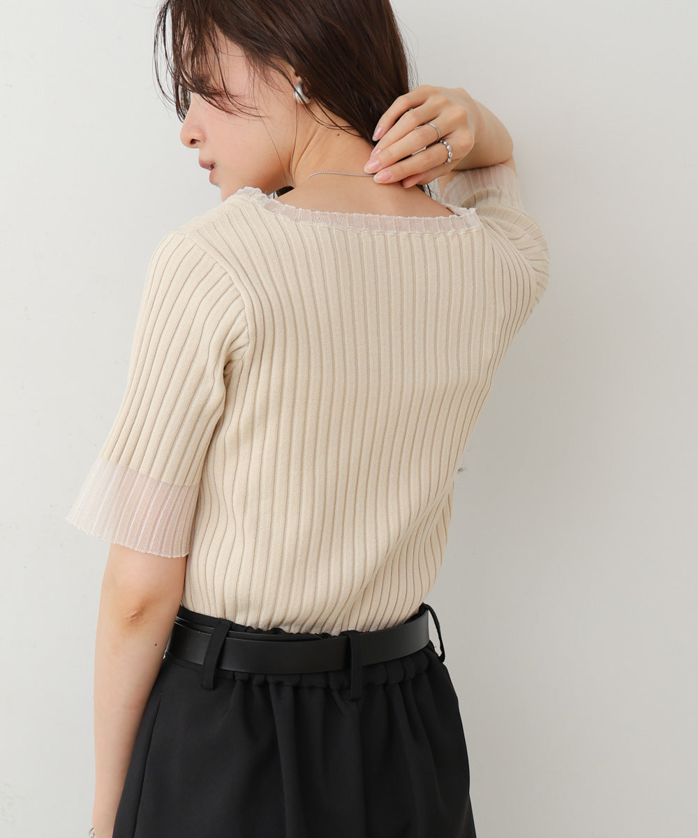 シアー使い５分袖リブニットトップス