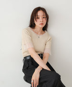 シアー使い５分袖リブニットトップス