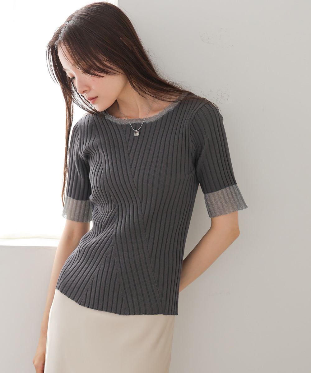 シアー使い５分袖リブニットトップス