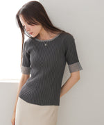 シアー使い５分袖リブニットトップス